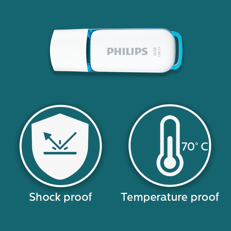 Una unidad flash USB Philips con iconos de resistencia a golpes y temperatura sobre un fondo verde azulado.