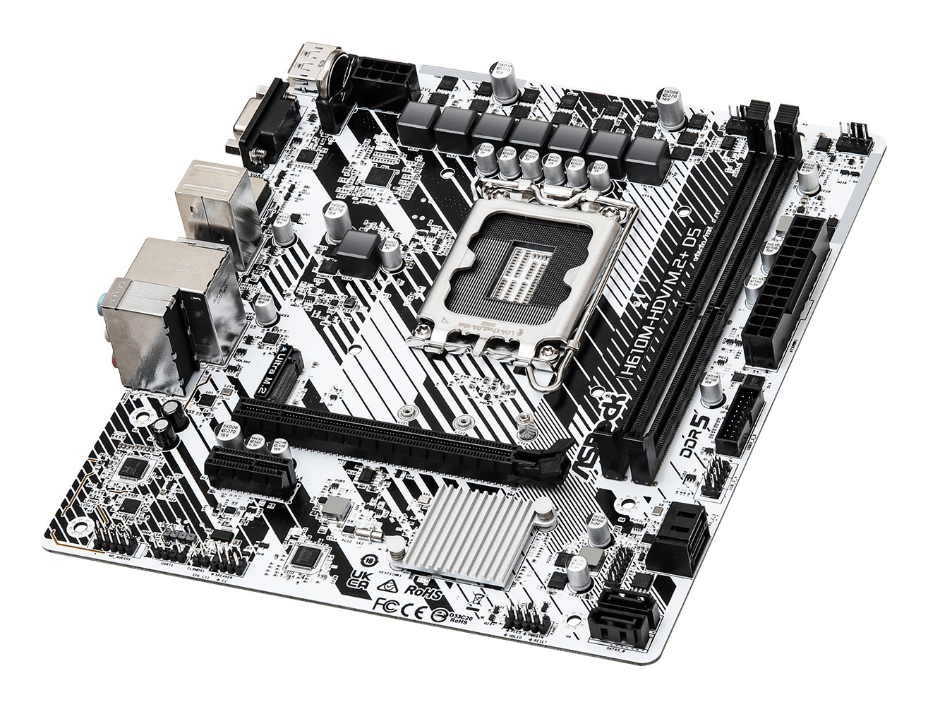 Ein schwarz-weißer Computer-Mainboard mit CPU-Sockel, RAM-Steckplätzen und verschiedenen Anschlüssen auf weißem Grund.
