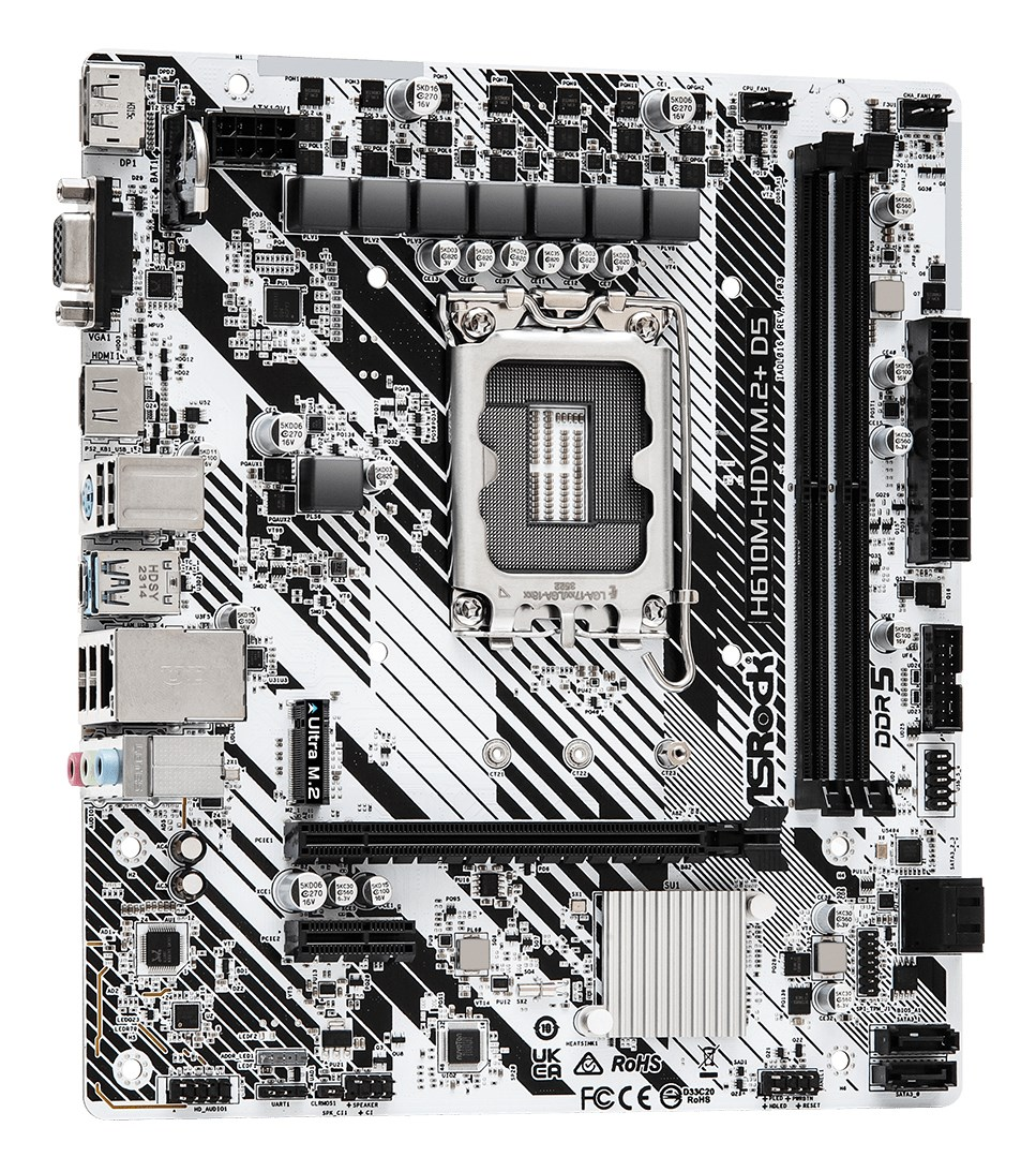 Ein weiß-schwarzes Asrock-Motherboard mit CPU-Sockel, RAM-Steckplätzen und verschiedenen Anschlüssen auf weißem Grund.