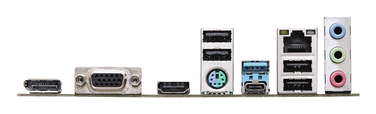 Rückseite eines Motherboards mit verschiedenen Anschlüssen wie DisplayPort, VGA, HDMI, USB, LAN und Audio.