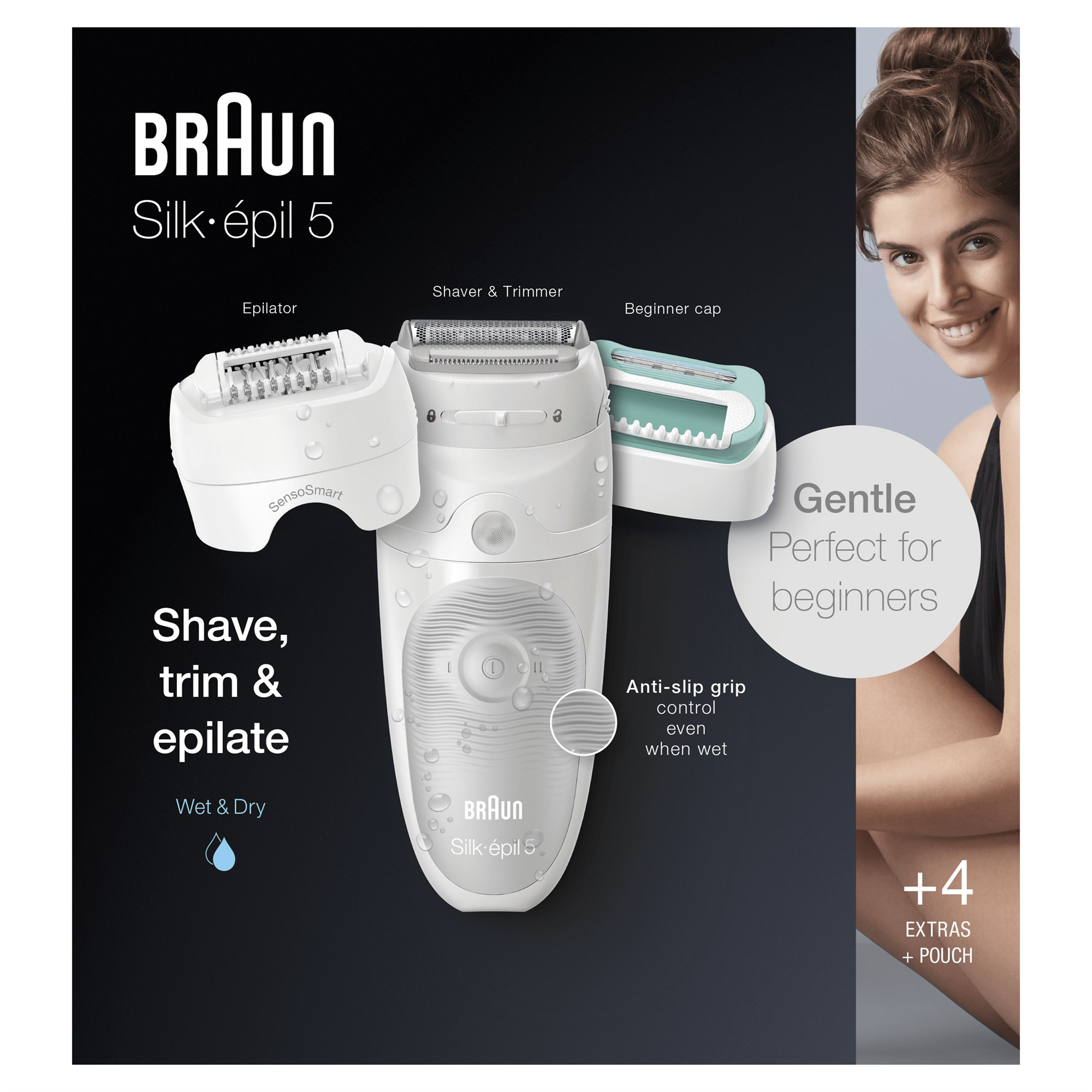 Epilatore Braun Silk-épil 5 con accessori e donna sorridente.
