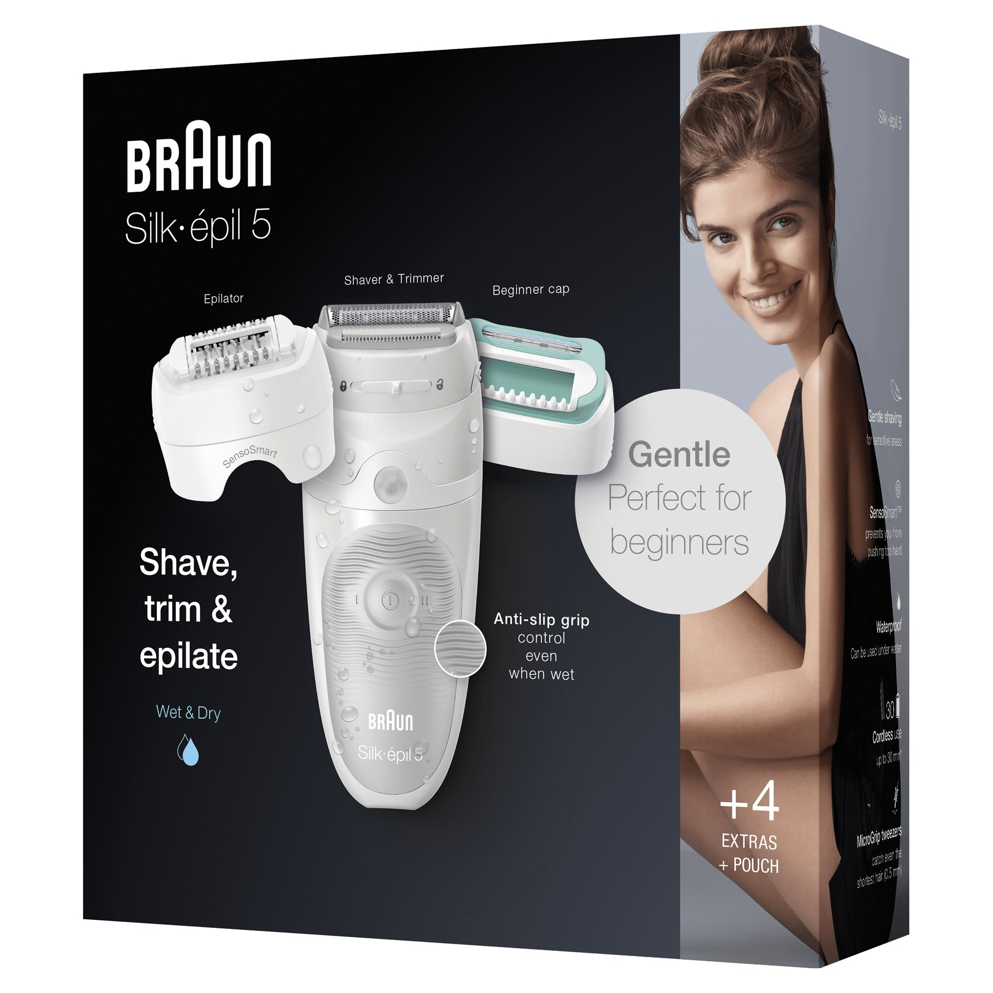 Scatola epilatore Braun Silk-épil 5 con accessori, testo e modella sorridente.