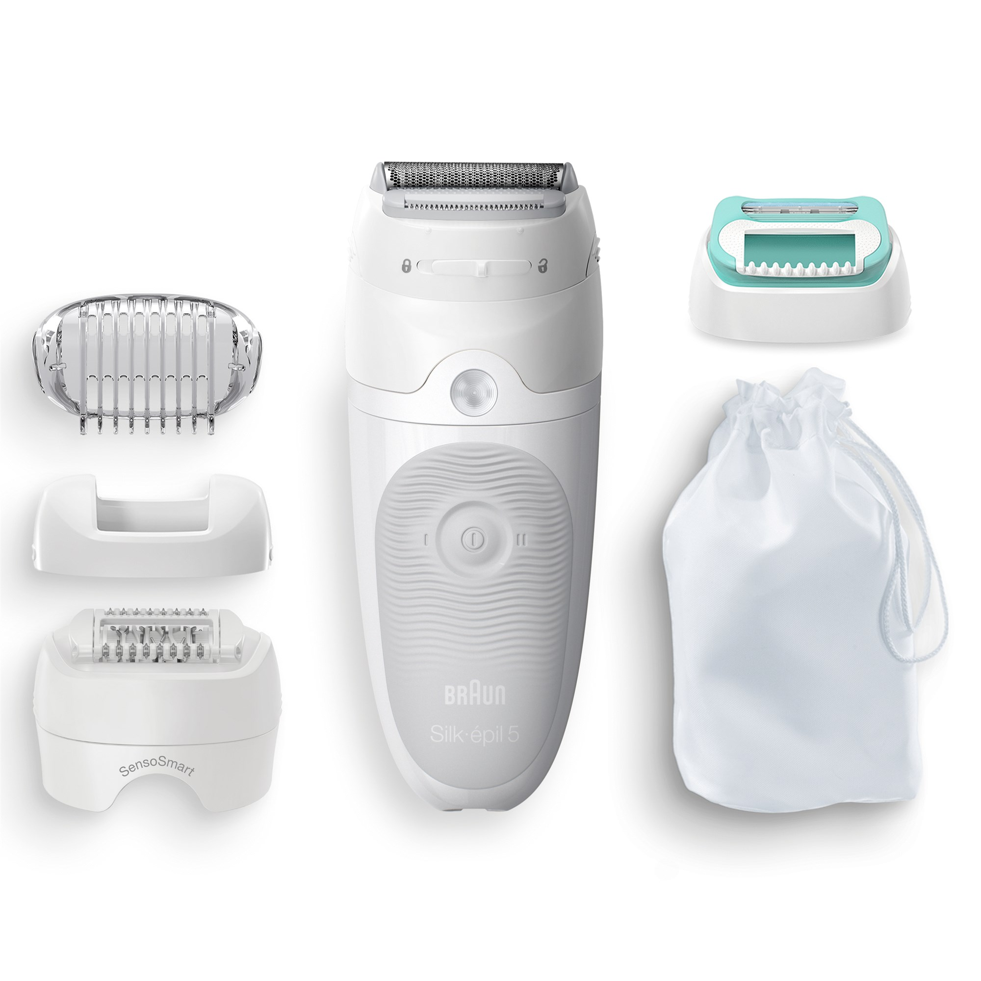 Set epilatore Braun bianco con testina rasoio, cappuccio rifinitore, cappuccio SensoSmart e custodia.