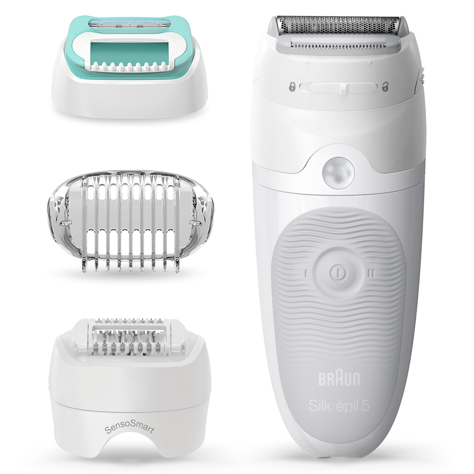 Un epilatore bianco Braun Silk-epil 5 con testina di rasatura, cappuccio rifinitore e SensoSmart su sfondo bianco.
