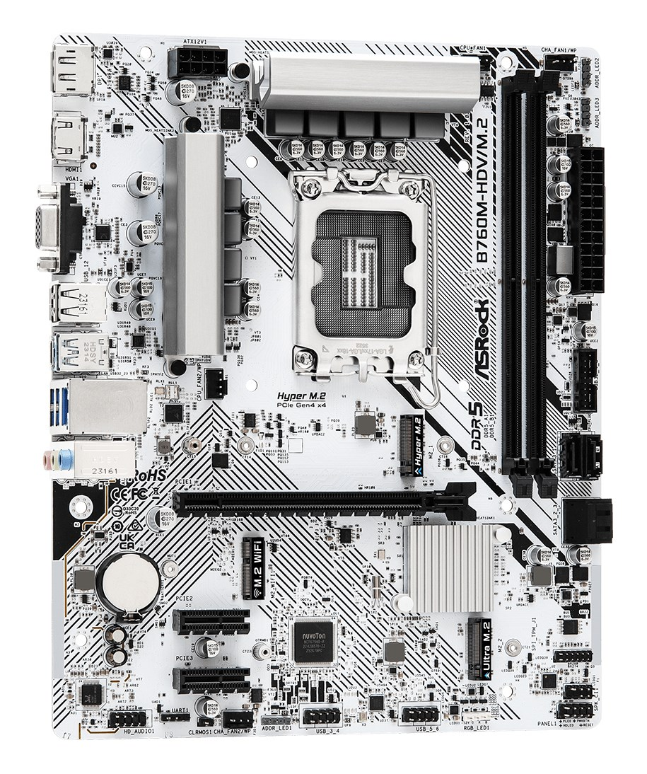 Ein weißes Computer-Mainboard mit schwarzen Steckplätzen, Metallkühlkörpern und Anschlüssen links.