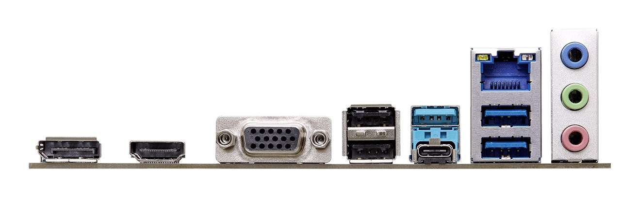 Rückseite eines Motherboards mit verschiedenen Anschlüssen wie USB, HDMI, VGA und Audio.