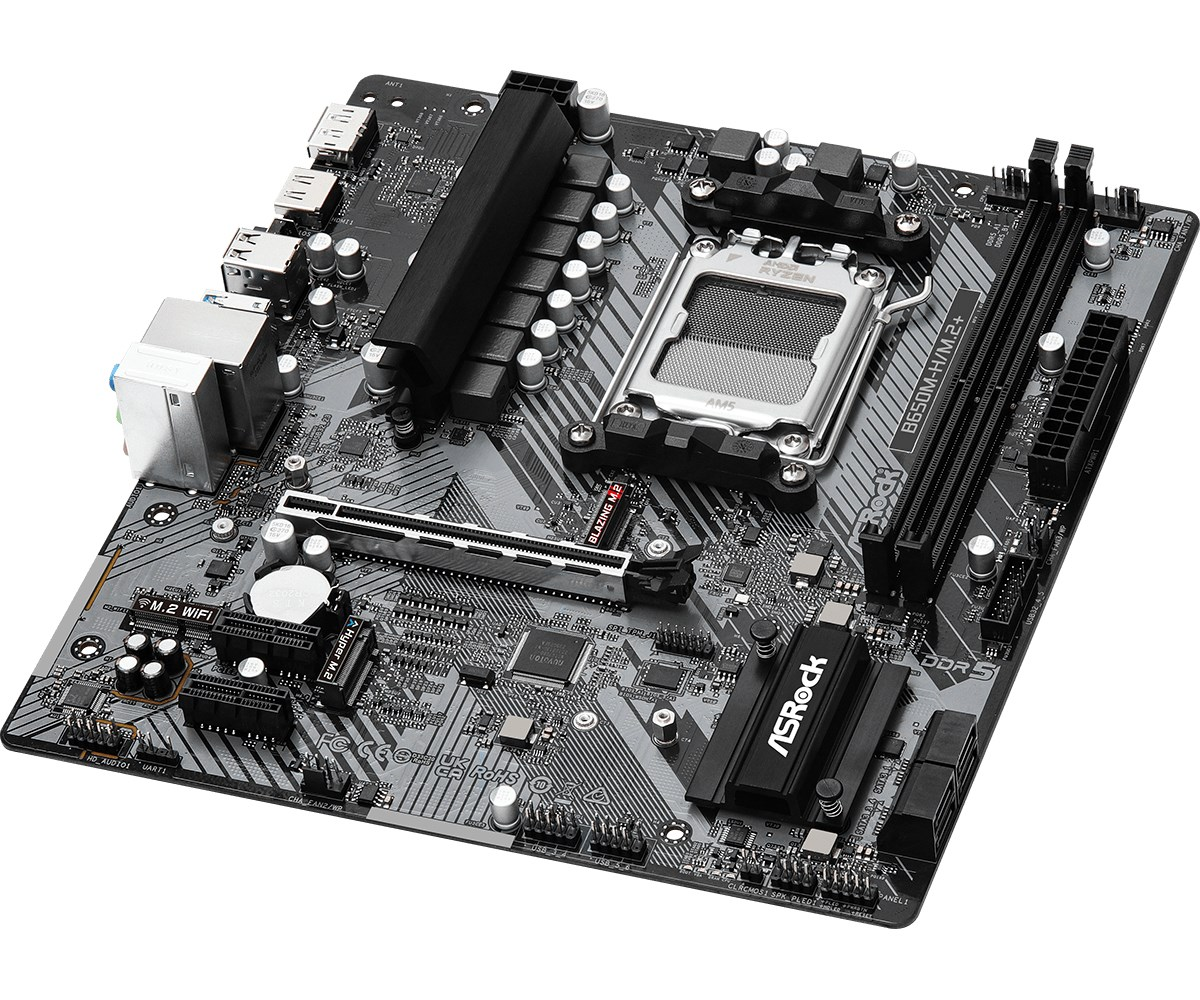 Szara płyta główna ASRock B650M-H/M.2+ z gniazdem procesora, slotami RAM i portami.