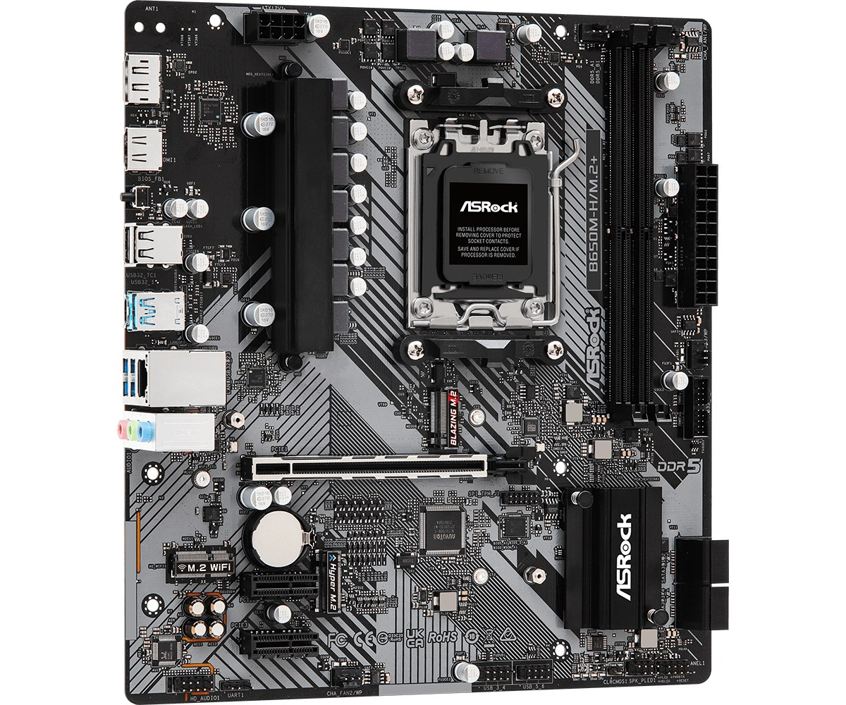 Płyta główna ASRock B650M-H/M.2+ z gniazdem CPU, slotami RAM i portami na szarej płytce.
