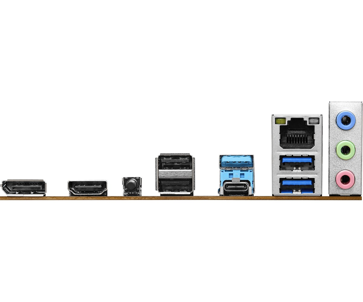 Różne porty We/Wy komputera na płytce: DisplayPort, HDMI, USB, Ethernet i gniazda audio.