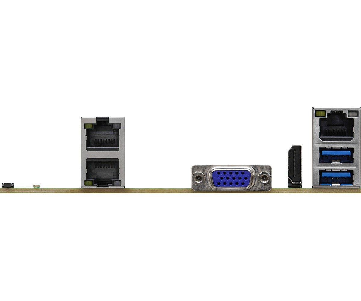 Panel trasero de una placa base con puertos de red, VGA, HDMI y USB sobre fondo blanco.