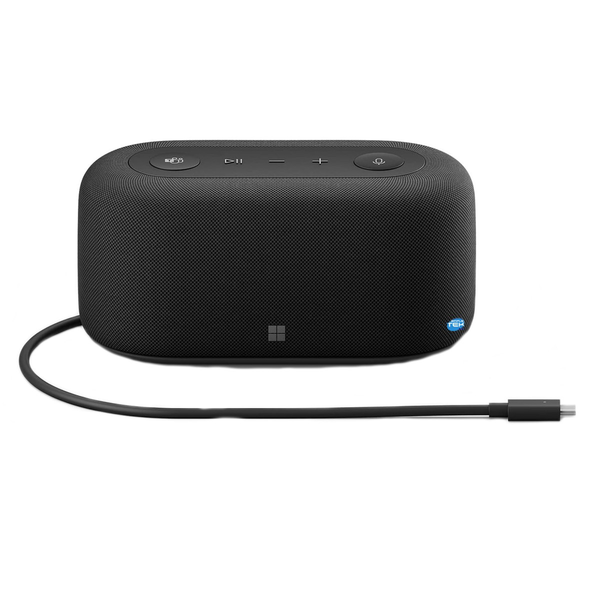 Un altoparlante per conferenze Microsoft nero con pulsanti di controllo e cavo USB-C collegato.