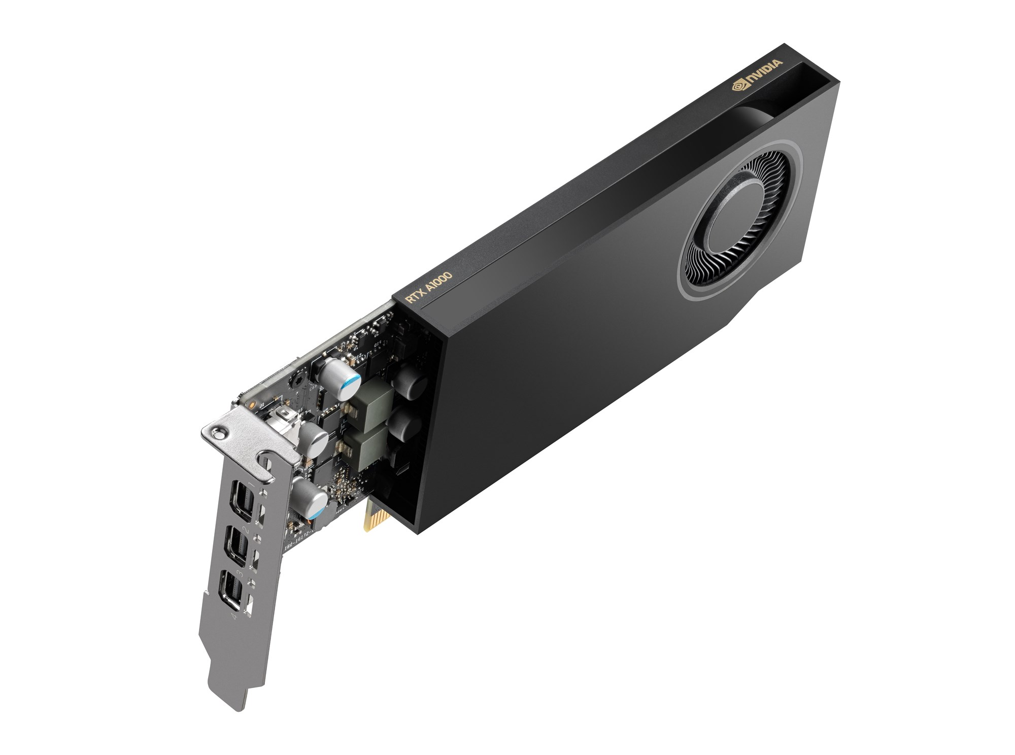 Czarna karta graficzna NVIDIA RTX A1000 z pojedynczym wentylatorem i srebrnym wspornikiem I/O na białym tle.