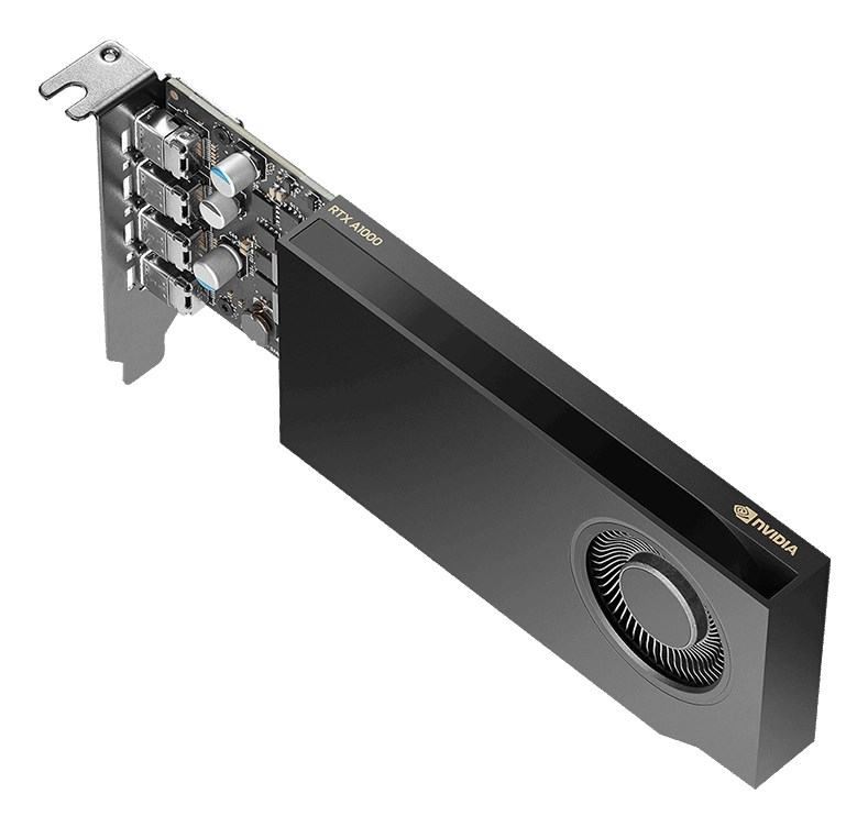 Carte graphique noire Nvidia RTX A1000 avec un ventilateur et quatre sorties mini DisplayPort.