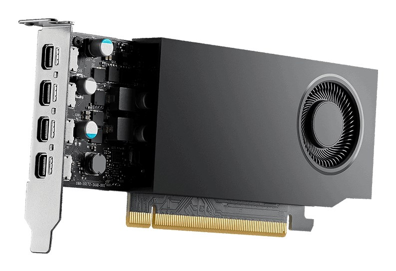 Une carte graphique noire avec un ventilateur et quatre ports sur un support argenté.