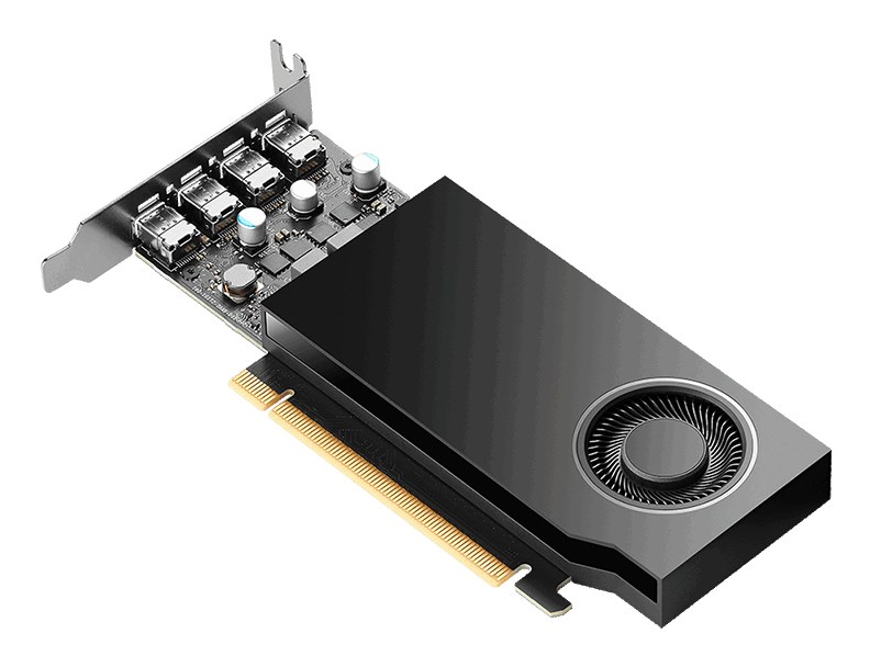 Eine schwarze Grafikkarte mit Lüfter, PCIe-Anschluss und vier Anschlüssen auf einer weißen Oberfläche.