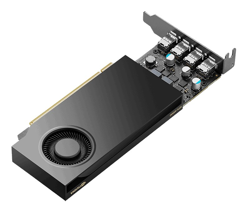 Carte graphique noire Nvidia RTX A1000 avec un seul ventilateur et quatre mini DisplayPorts sur fond blanc.
