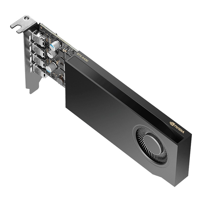 NVIDIA RTX A400 Grafikkarte mit schwarzem Gehäuse, einzelnem Lüfter und Metallhalterung mit Mini-DisplayPorts auf weißem Hintergrund.