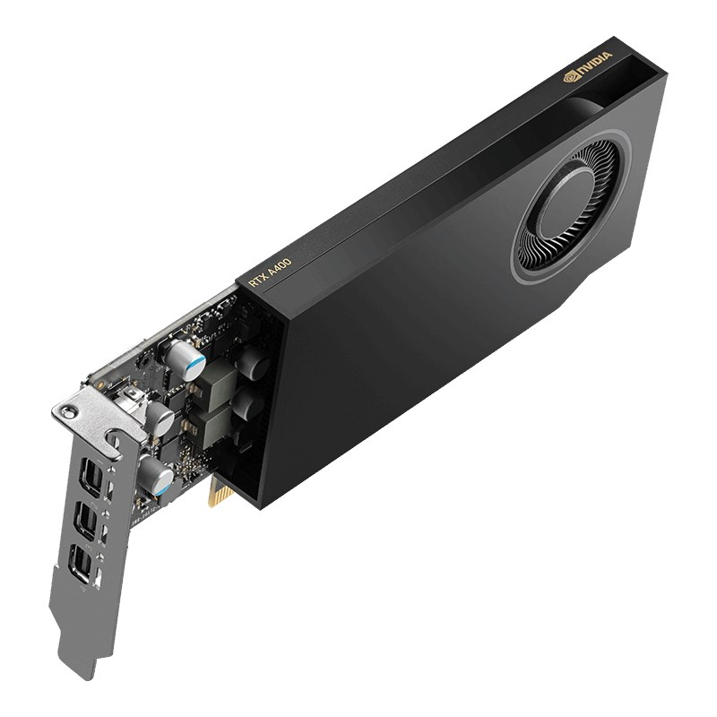 NVIDIA RTX A400 Grafikkarte mit schwarzer Lüfterabdeckung und sichtbarer Platine mit Display-Anschlüssen.
