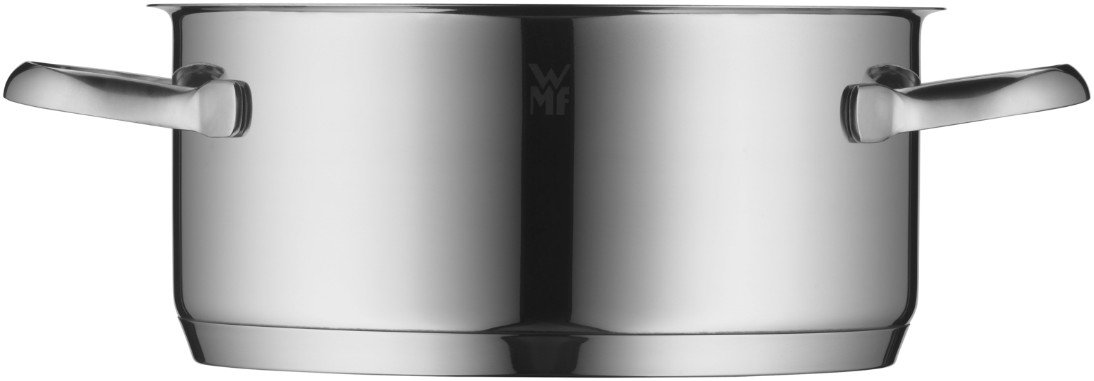 Ein glänzender Edelstahl-Kochtopf mit zwei Griffen und einem kleinen WMF-Logo in der Mitte.