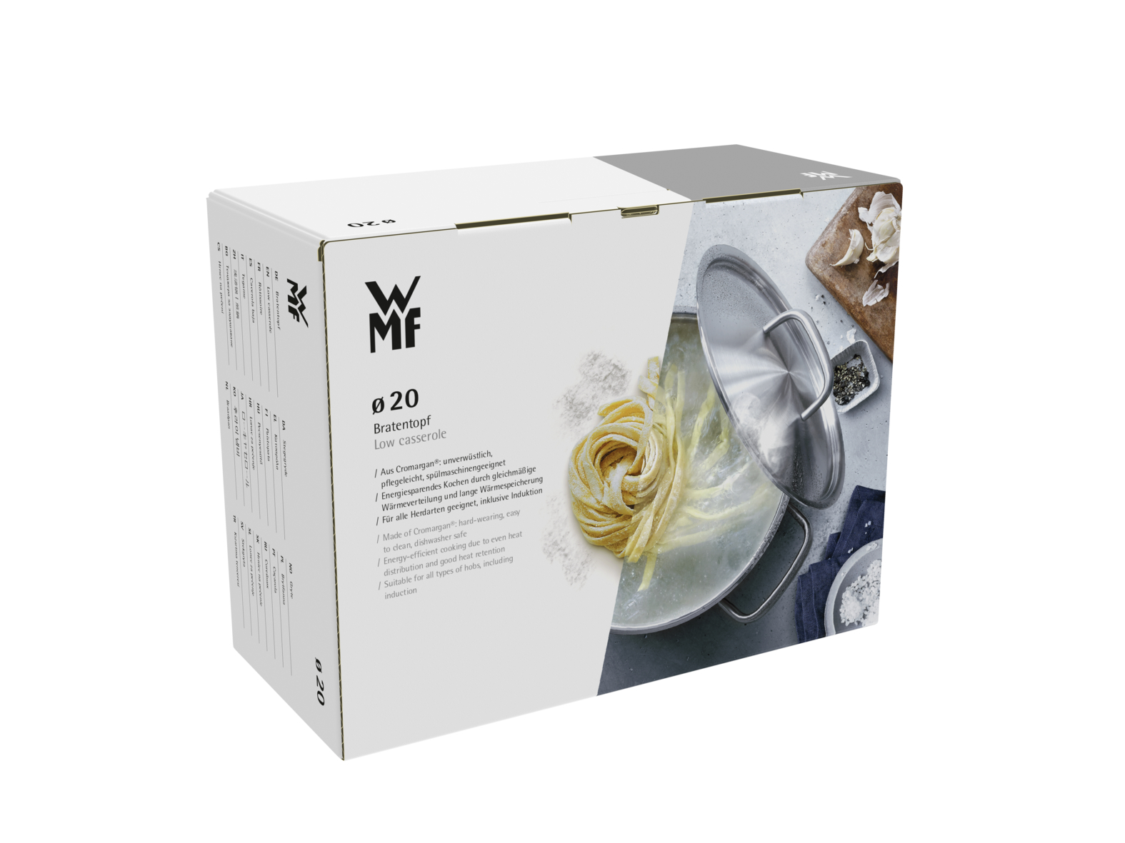 Produktverpackung eines WMF Bratopfs 20 cm mit Nudeln im Topf auf der Vorderseite.
