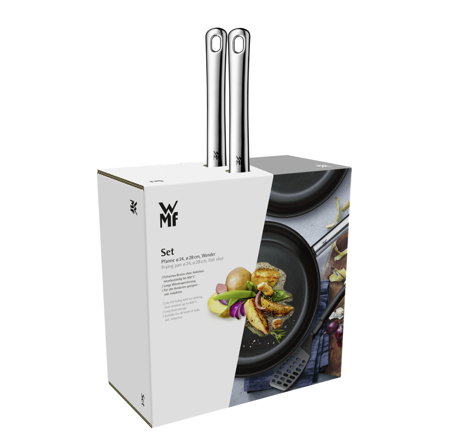 WMF Pfannenset in Verpackung mit Abbildung von gebratenem Essen und Edelstahlgriffen.