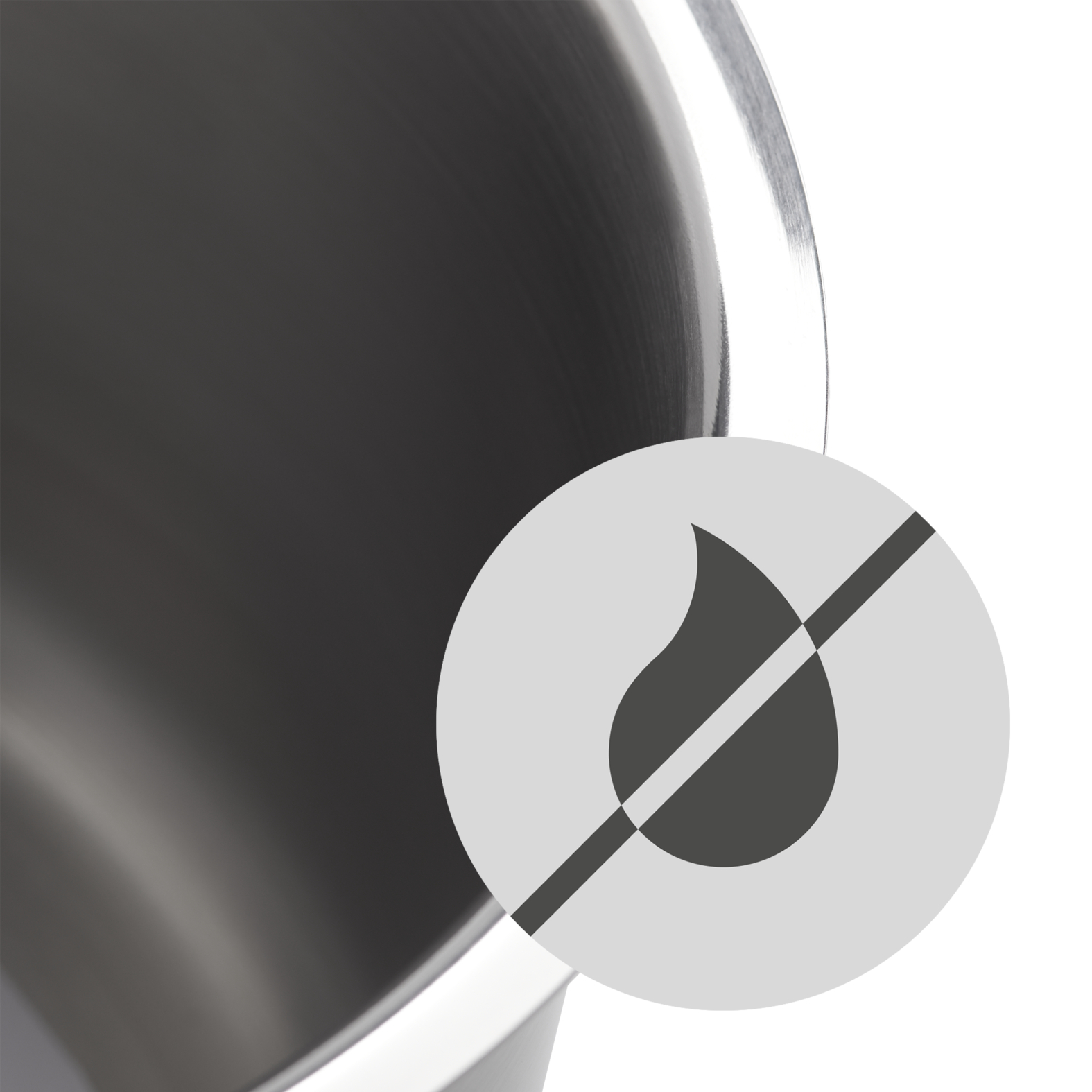 Metallgefäss mit einem runden Symbol, das einen durchgestrichenen Wassertropfen zeigt.