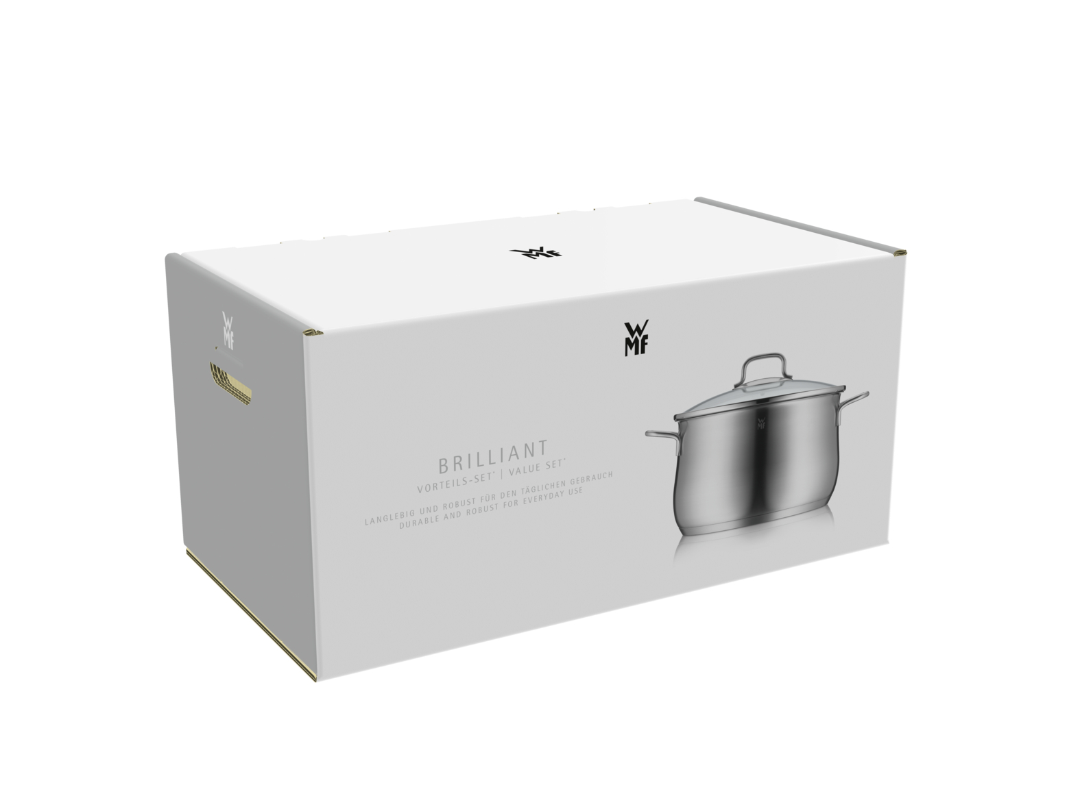 Weiße WMF Brilliant Kochgeschirr-Set Verpackung mit Produktabbildung auf weißem Hintergrund.