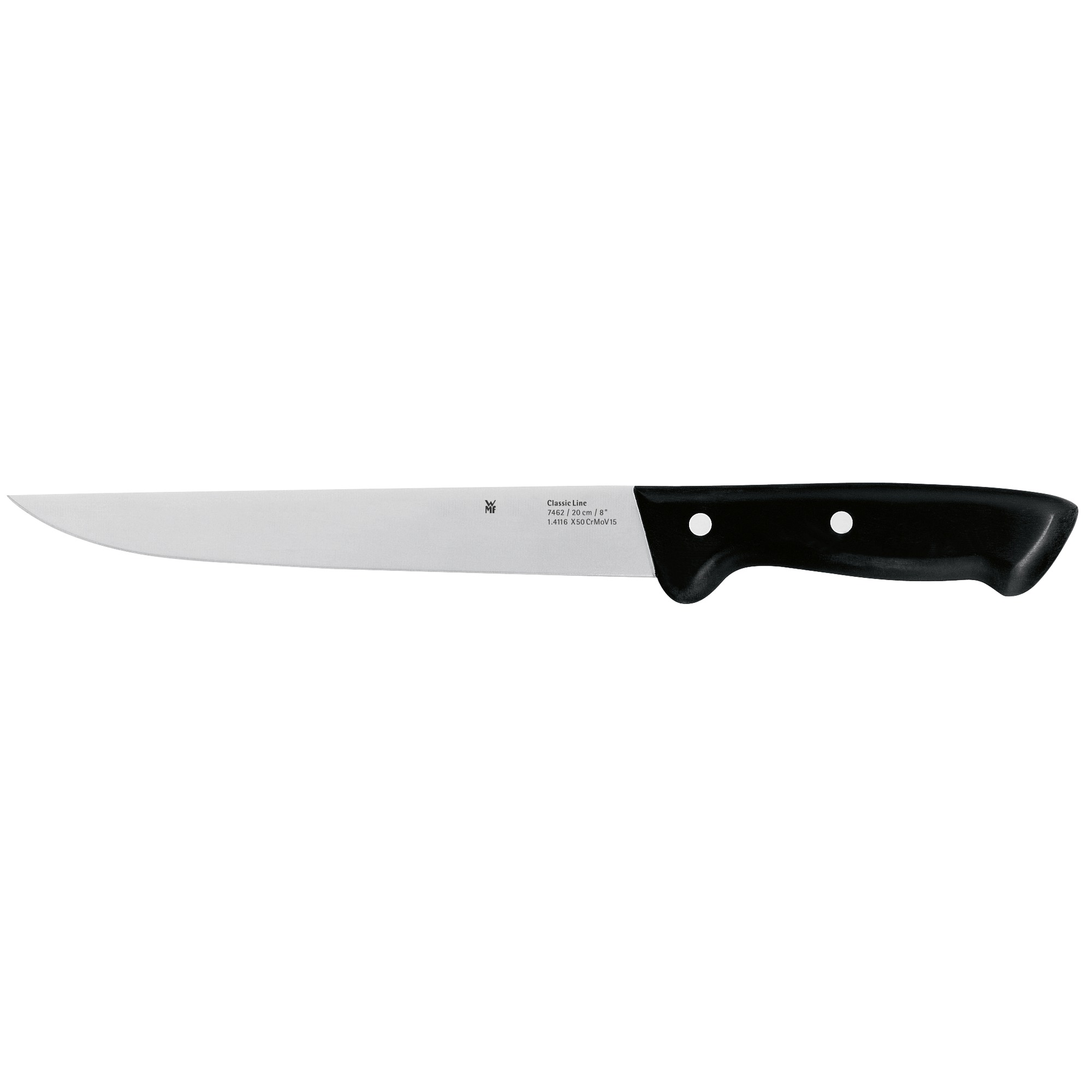 Ein silbernes Fleischmesser mit schwarzem Griff liegt horizontal auf weißem Hintergrund.