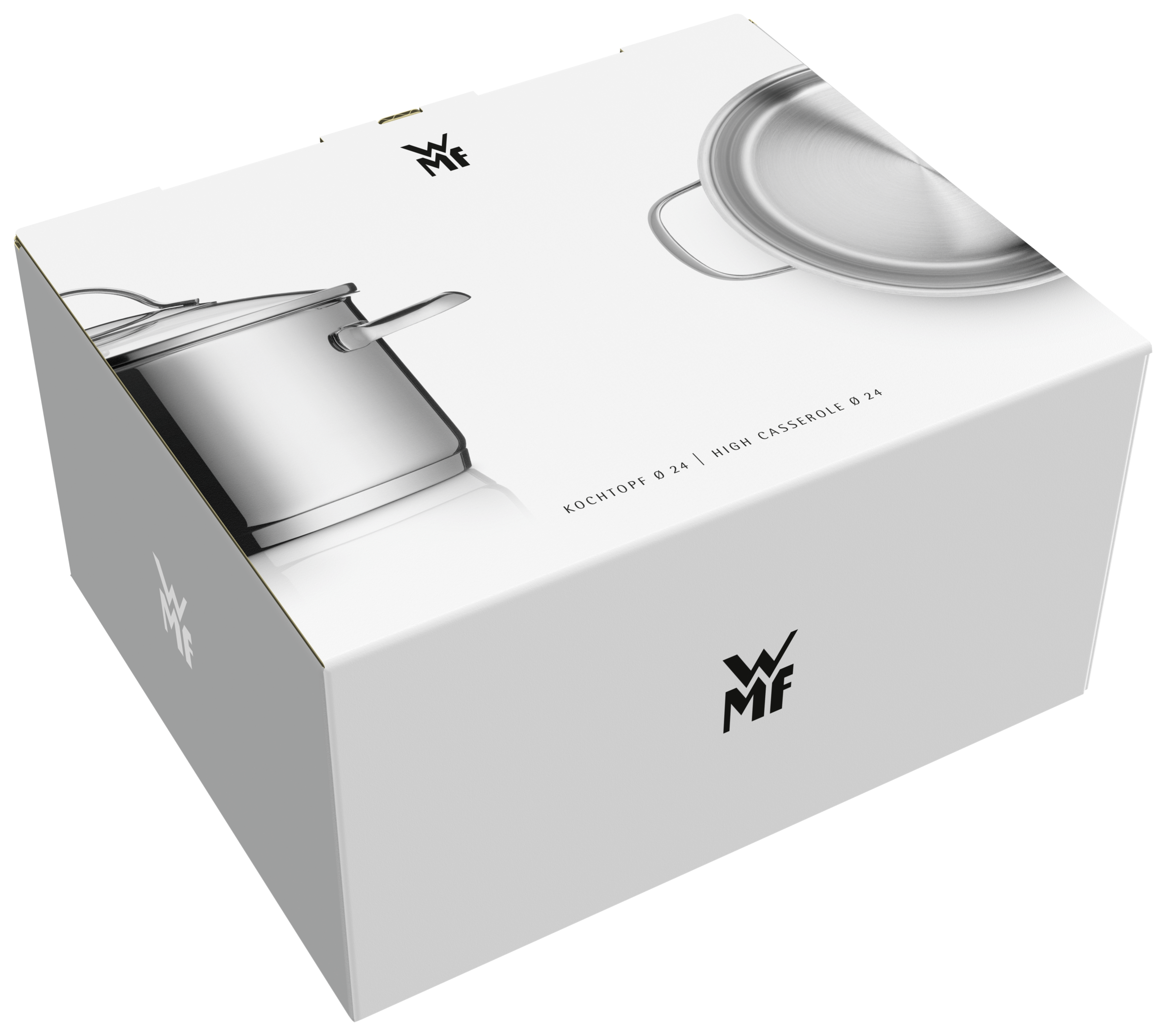 Weiße WMF-Produktverpackung mit Bildern eines edelstahl Kochtopfs und Deckels.