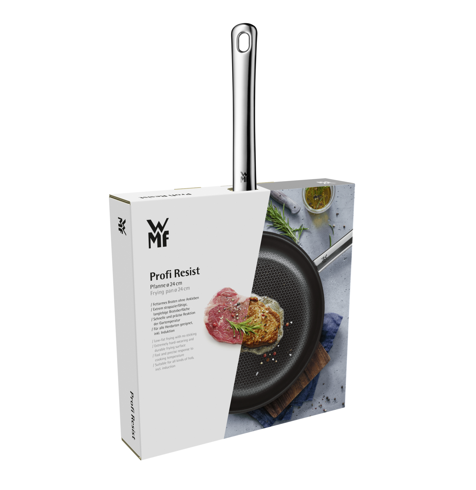 Biftek görseli olan ambalajında WMF Profi Resist 24 cm kızartma tavası.