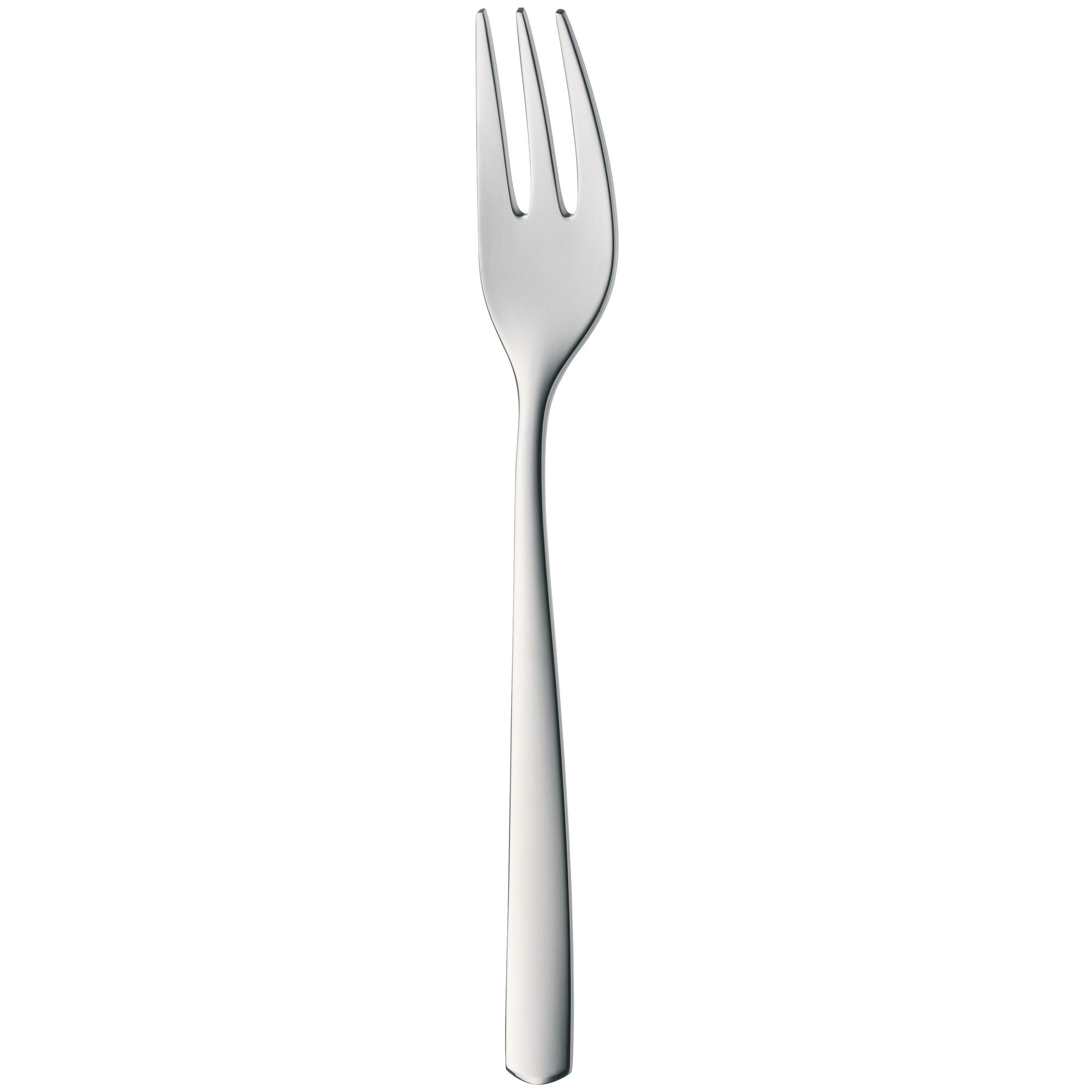 Une fourchette en métal argenté brillant avec trois dents sur un fond blanc uni.