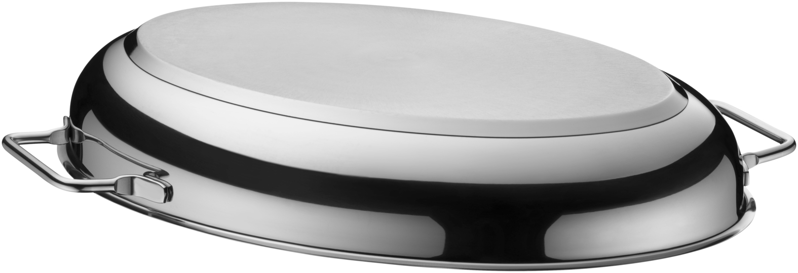 Eine ovale, polierte Edelstahl-Auflaufform mit zwei kleinen Griffen.