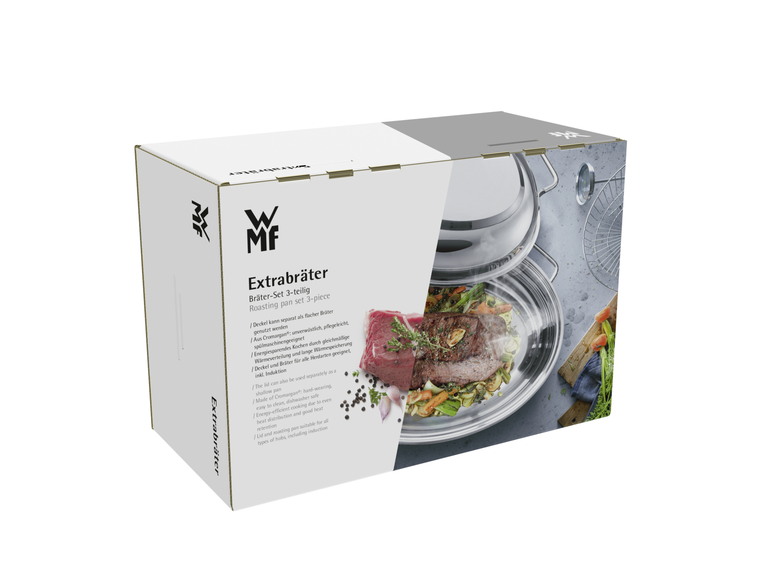 Produktverpackung eines WMF Extrabräter 3-teiligen Bräter-Sets mit Bild von zubereitetem Fleisch und Gemüse.