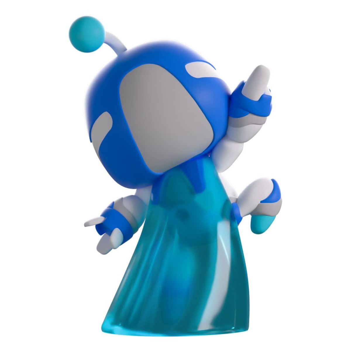 Un lindo robot de juguete azul y blanco con antena, posando dinámicamente sobre fondo blanco.