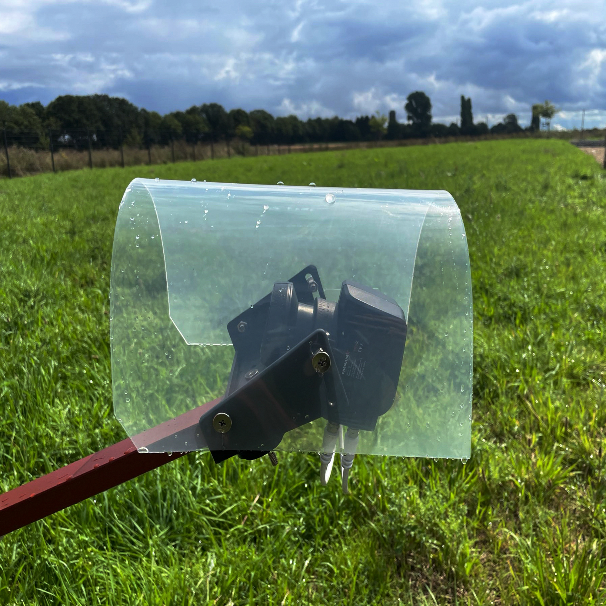 Ein schwarzer Sensor mit klarer Kunststoff-Schutzhülle auf einer roten Stange im grünen Feld.