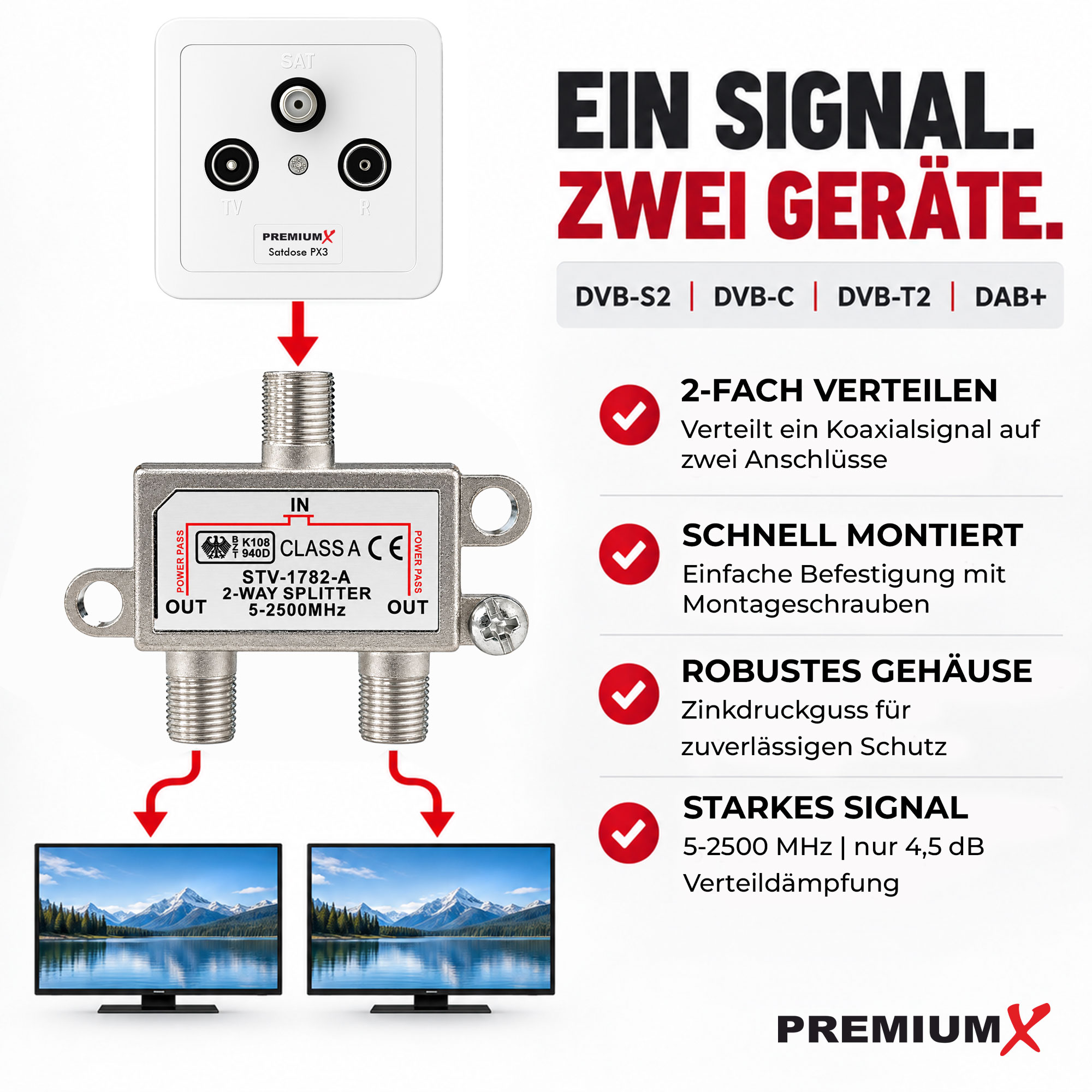 Ein Koaxial-2-Wege-Splitter verbindet eine Antennendose mit zwei Fernsehern.