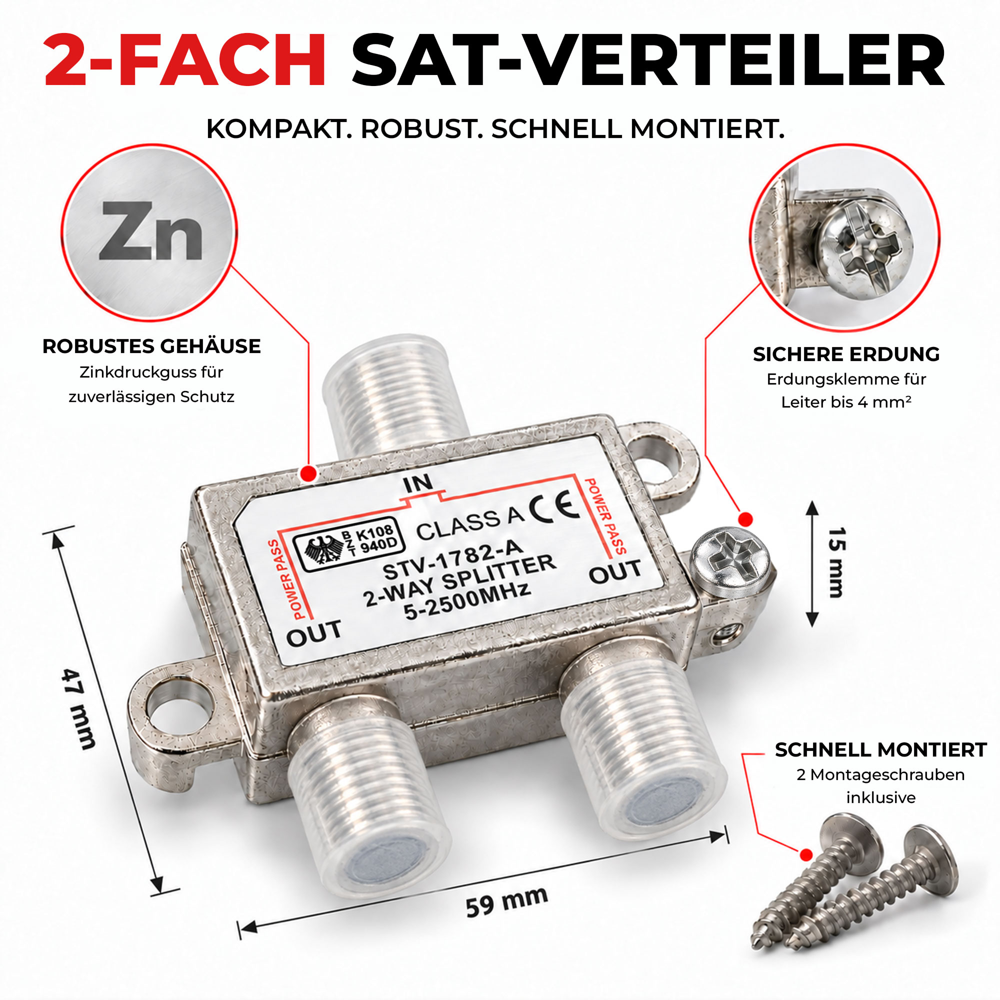 Ein 2-fach Sat-Verteiler mit Metallgehäuse, Schraubklemmen und Maßen, beschriftet mit technischen Daten.