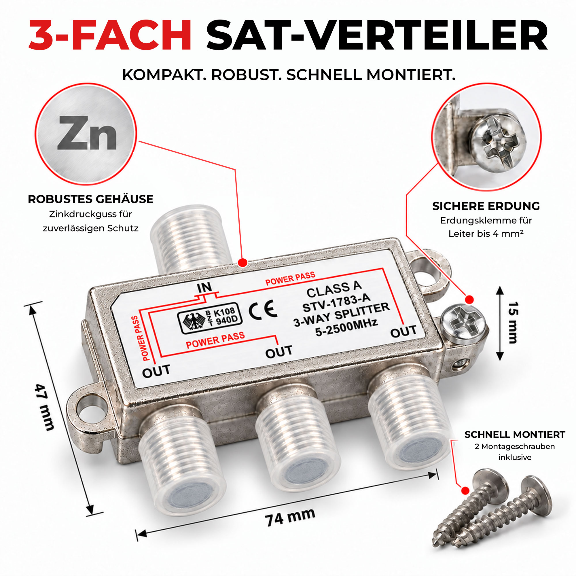 3-fach Sat-Verteiler mit Zinkgehäuse, Erdungsklemme und Montageschrauben, mit Maßangaben in Millimetern.