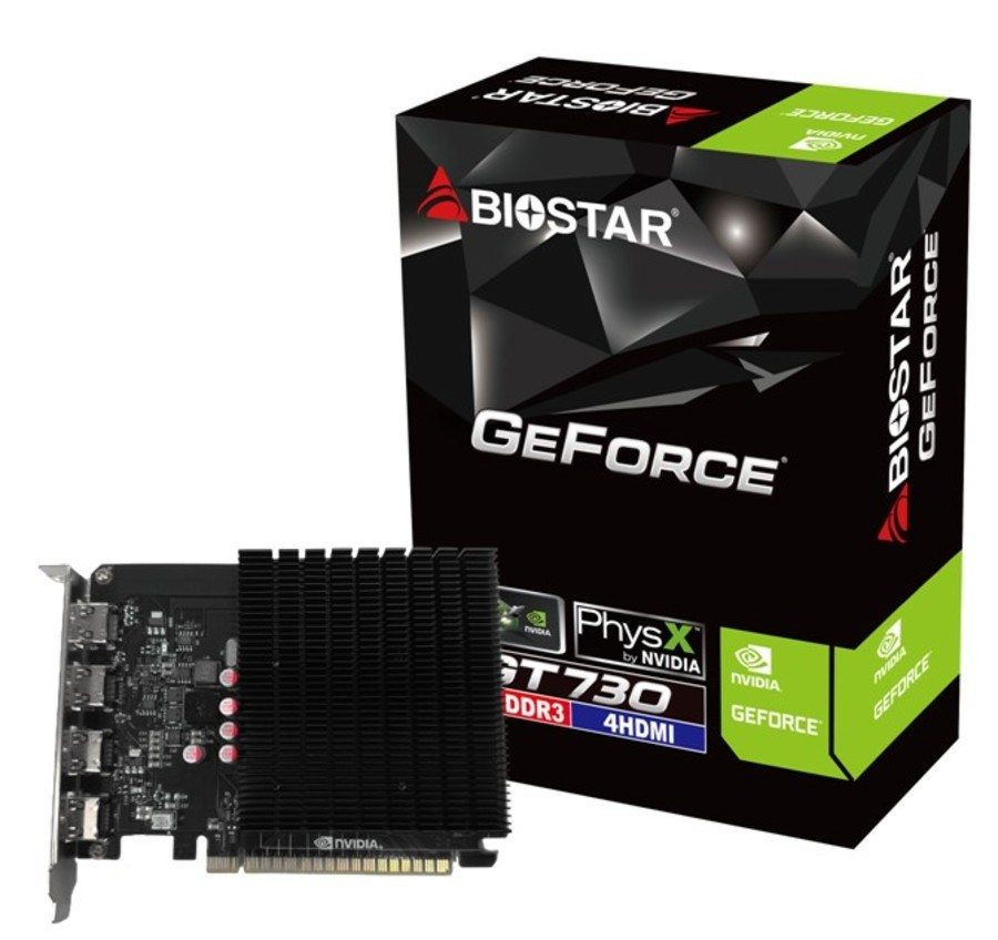 Karta graficzna Biostar GeForce GT 730 przed czarno-zielonym pudełkiem.