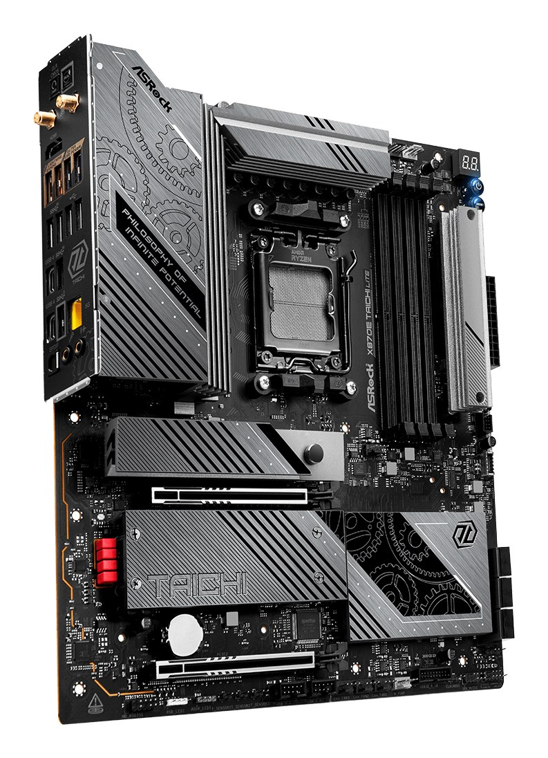 Ein detailliertes Bild der schwarzen und silbernen ASRock X870E Taichi Lite Hauptplatine mit Kühlkörpern.