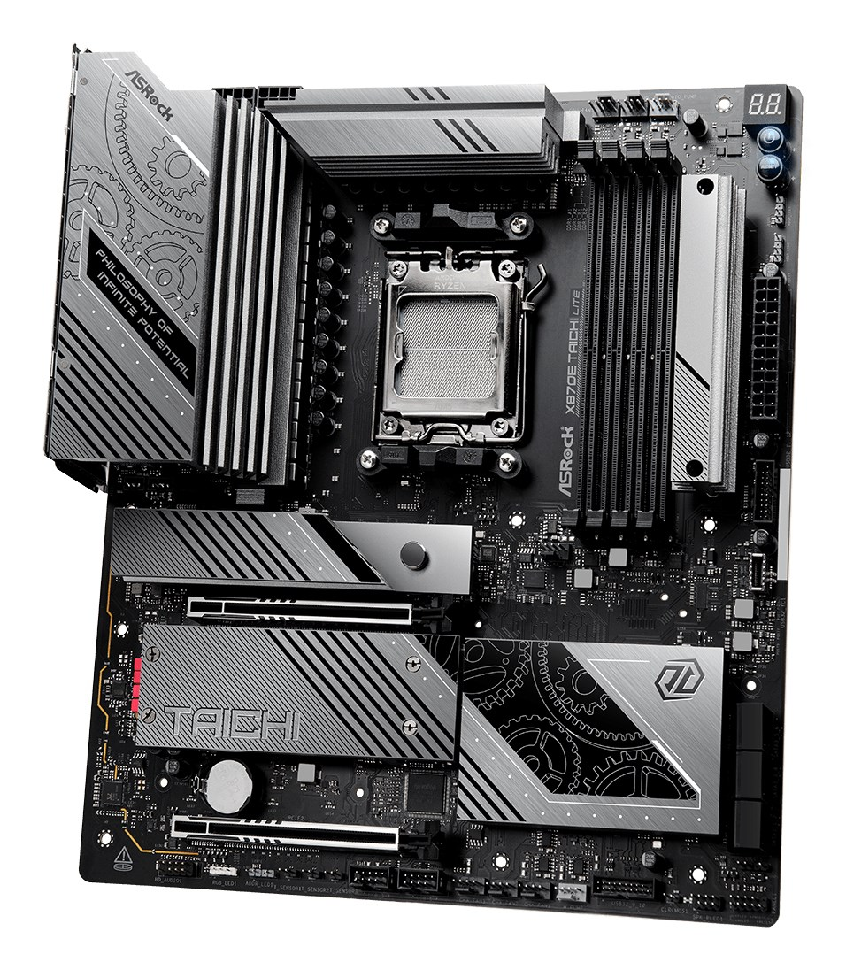 Ein detailliertes Bild eines schwarzen und silbernen ASRock-Motherboards mit verschiedenen Komponenten und Kühlkörpern.