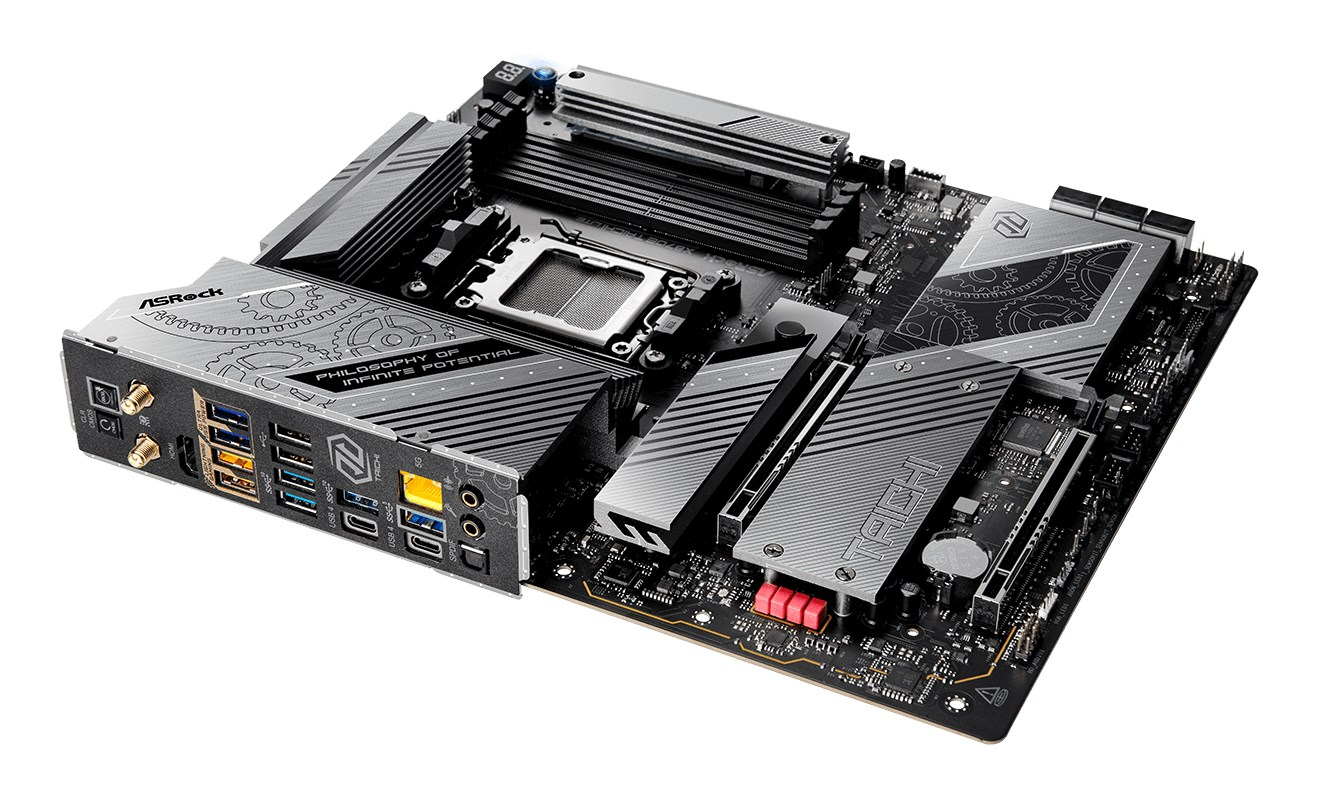 Ein ASRock X870E Taichi Lite Motherboard in Schwarz und Silber mit integrierten Kühlkörpern und I/O-Blende.