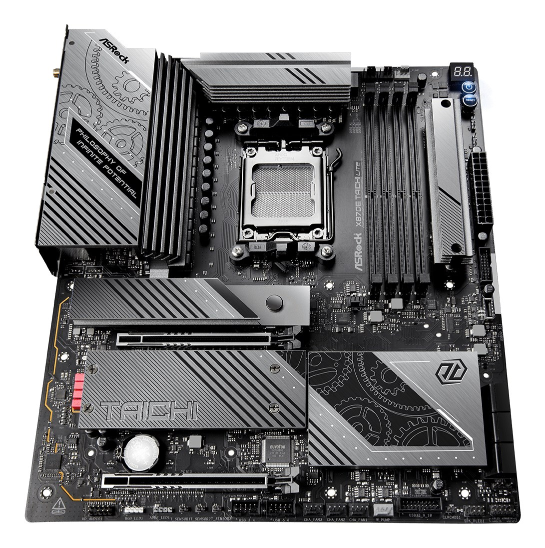 Ein detailliertes schwarzes ASRock X870E Taichi Lite Mainboard mit silbernen Kühlkörpern und dem CPU-Sockel.