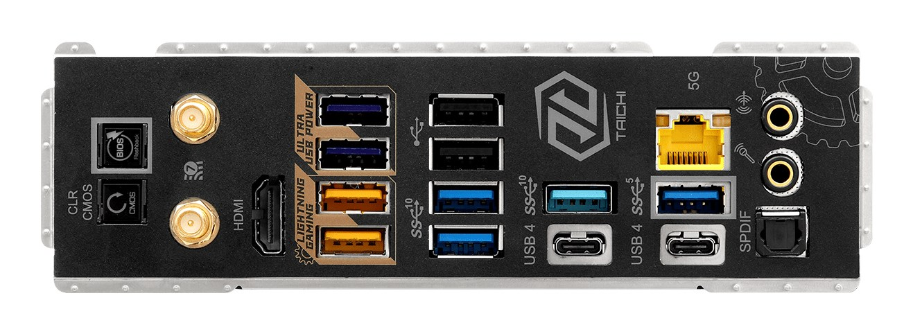 Motherboard-I/O-Blende mit USB-, HDMI-, Ethernet-, WLAN-Antennen- und Audioanschlüssen auf schwarzem Panel.