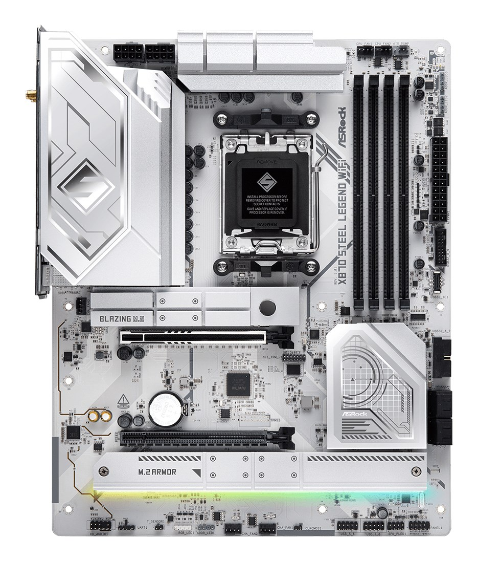 Weiß-schwarzes ASRock X870 Steel Legend WiFi Mainboard mit silbernen Kühlkörpern und RGB-Beleuchtung.