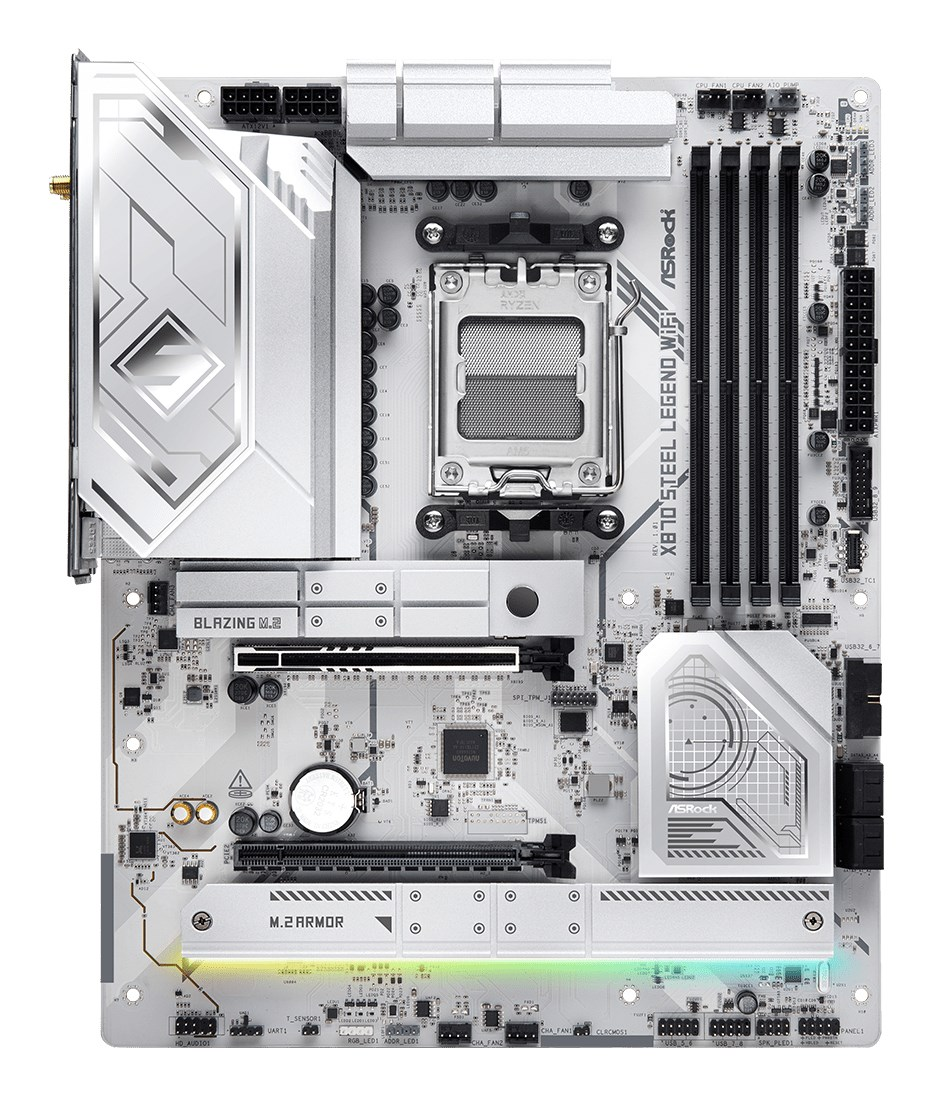 Ein weiß-silbernes ASRock X870 Steel Legend WiFi Mainboard mit CPU-Sockel, RAM-Slots und Kühlkörpern.