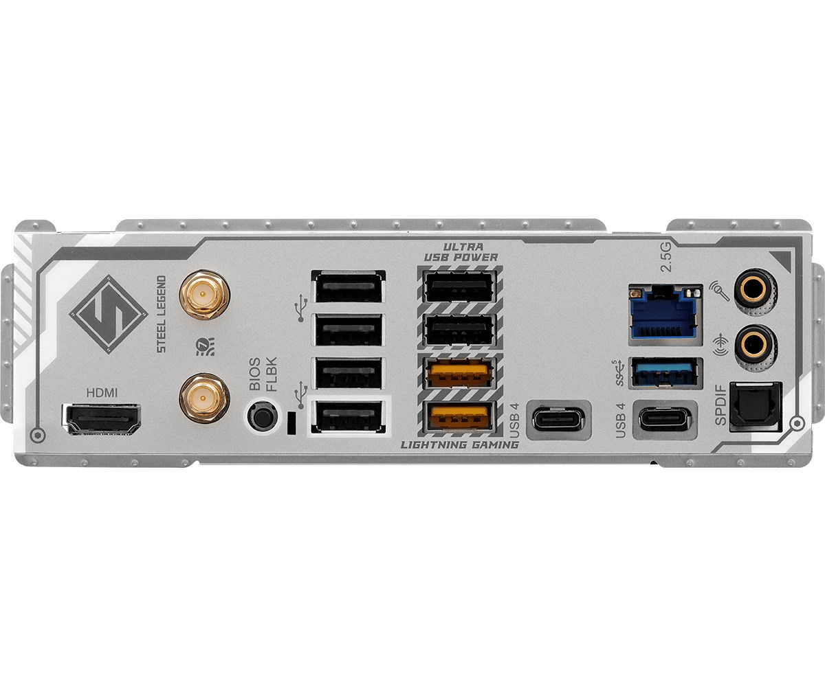 I/O-Blende eines Motherboards mit HDMI, USB-Anschlüssen, WLAN-Antennen, LAN-Port und Audiobuchsen.