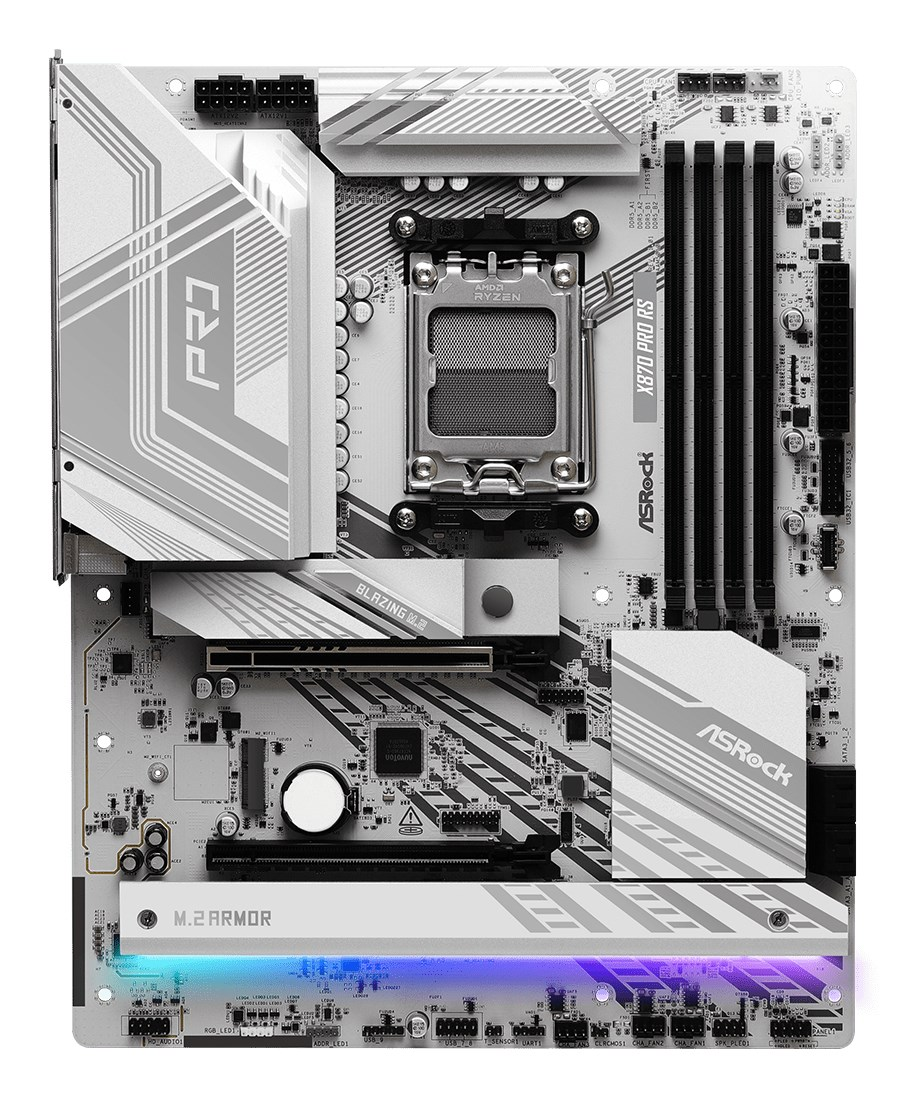 Biało-srebrna płyta główna Asrock X870 Pro RS z gniazdem procesora AMD Ryzen i czarnymi slotami RAM.