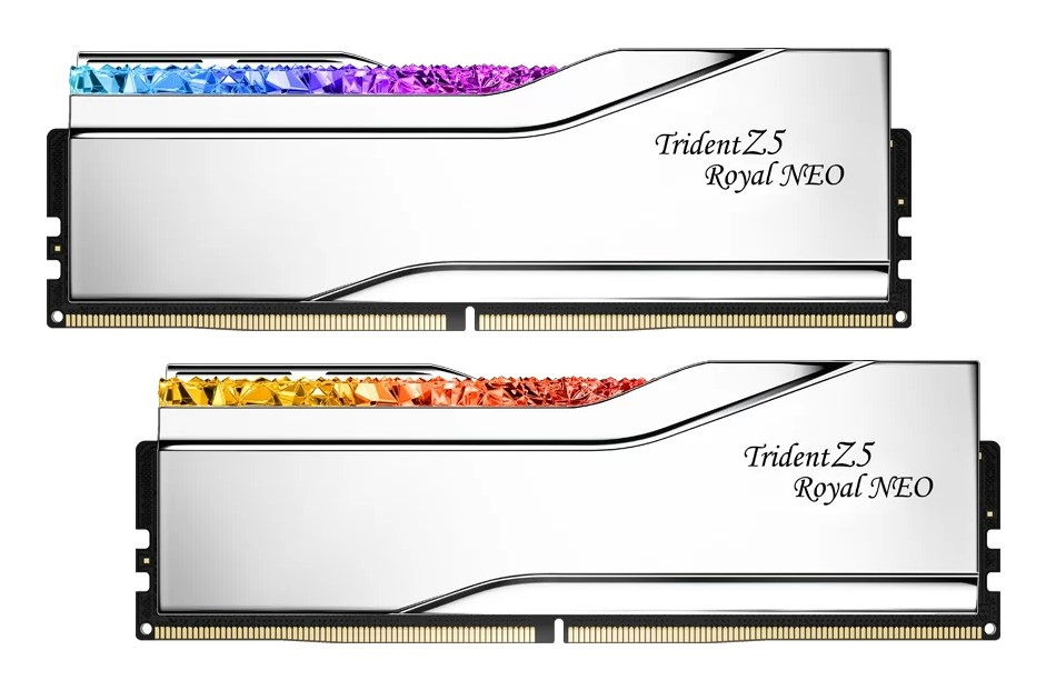 Deux barrettes de RAM Trident Z5 Royal NEO avec dissipateurs argentés et dessus RVB cristallin lumineux sur fond blanc.