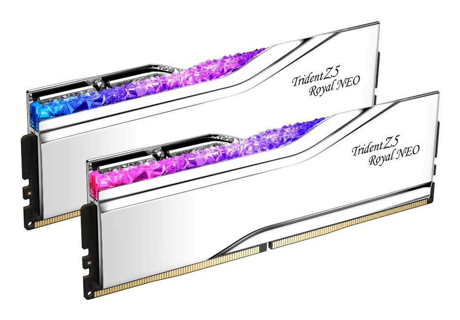 Deux barrettes de RAM Trident Z5 Royal NEO argentées avec un éclairage cristal bleu et violet.